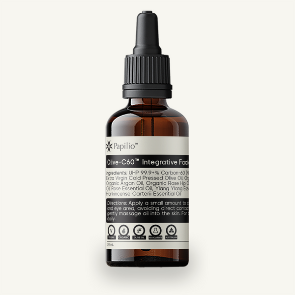 Olive-C60™ Integrative Facial Serum 30 mL amber dropper bottle by Papilio
