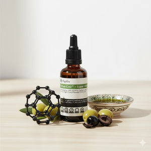 Olive-C60™ Original face and body oil with olive branch and C60 molecule model